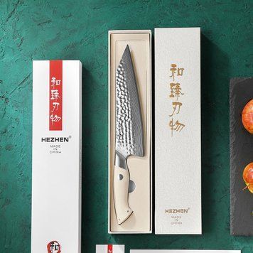 Кухонный Шеф Нож из Дамасской Стали HEZHEN 21 см "ELEGANT" Поварской Профессиональный Нож в Подарочной Коробке B38H-CS фото