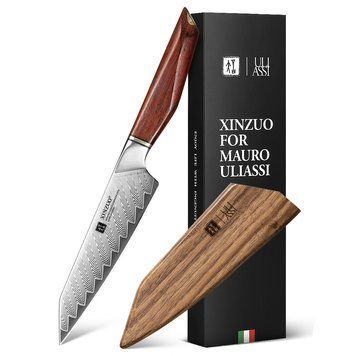 Универсальный Нож из 73 слоёв Дамасской Порошковой Стали XINZUO 13 см &laquo;XING&raquo; от Мауро Улиасси с Деревянным чехлом XZ03-003 фото
