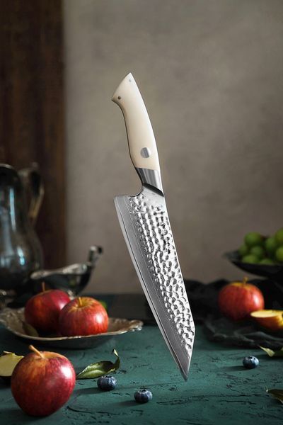 Кухонный Шеф Нож из Дамасской Стали серии "ELEGANT" G10 Слоновая Кость HEZHEN с Кожаным чехлом B38H-001-1 фото