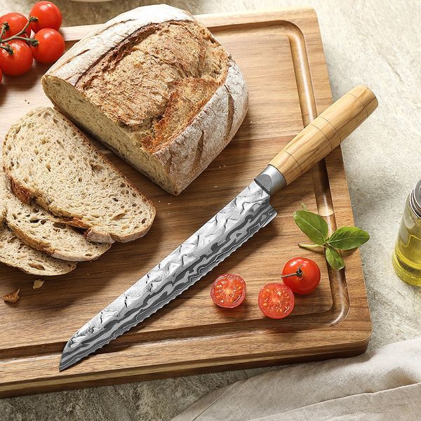 Кухонний Хлібний Ніж із 9-Шарової Дамаської Сталі 12Cr18MoV HEZHEN 20,7 см &laquo;SHANCHUAN&raquo; XZ13-005 фото