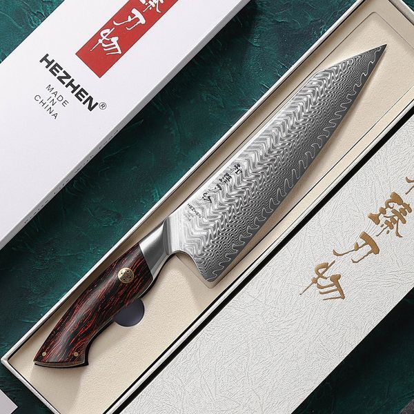 Кухонный Шеф Нож из Дамасской Стали серии "ELEGANT" G10 Чёрный & Красный HEZHEN с Деревянным чехлом B38-001-3 фото
