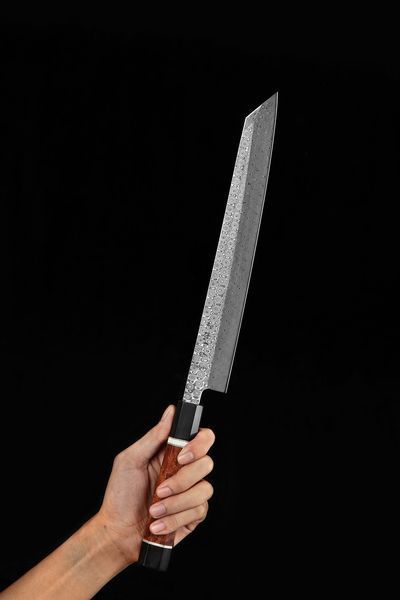 110 слойный нож Киритсуке для суши и сашими из Дамасской Стали серии "ZHEN" Пустынное Железное Дерево HEZHEN F3-002 фото